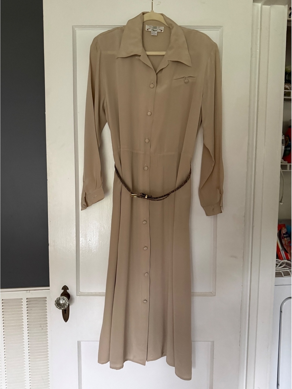 Vintage Orvis 100% Silk Beige Button-Down Long Sleeve Dress Size 16